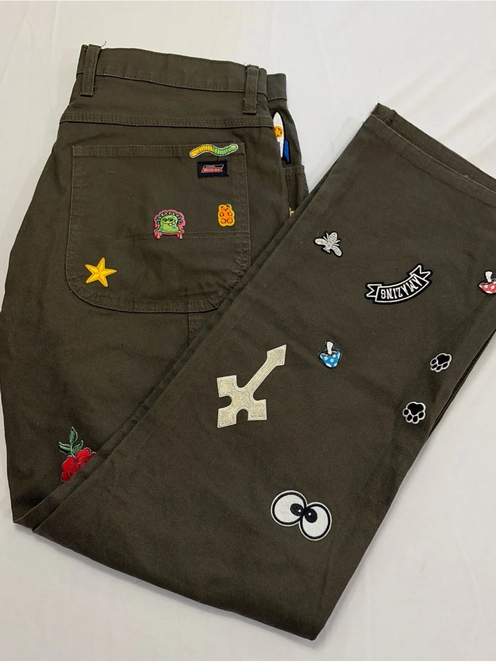 Dickies Olive Green Work Pants with Colorful Embroidered Patches